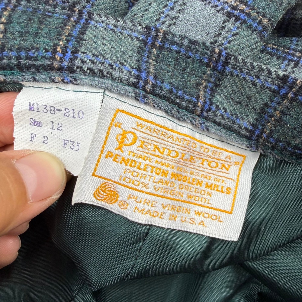 Vintage Pendleton Wool Skirt Suit Green Blue Plaid Blazer Set Made in USA - Picture 10 of 12